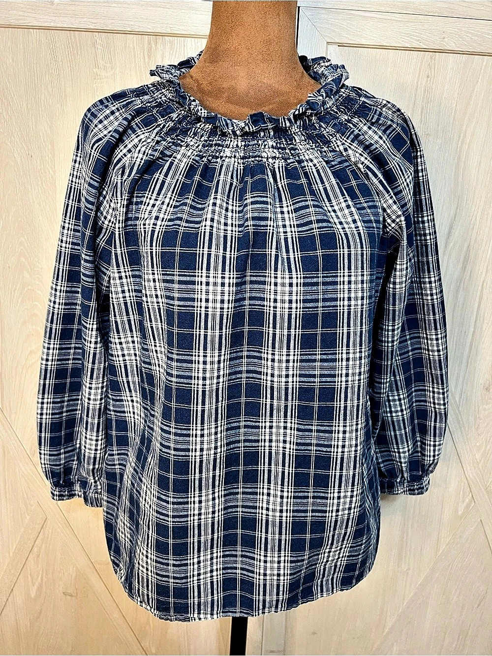 J.Crew Re-Imagined Blue White Plaid Smocked Neck Blouse Top XS Cottagecore